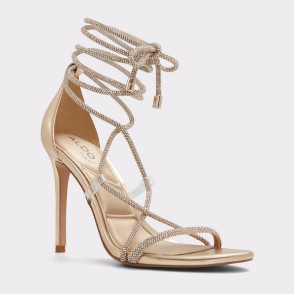 Size 8 ALDO Marly Gold Rhinestone Strappy Heels - Picture 1 of 10